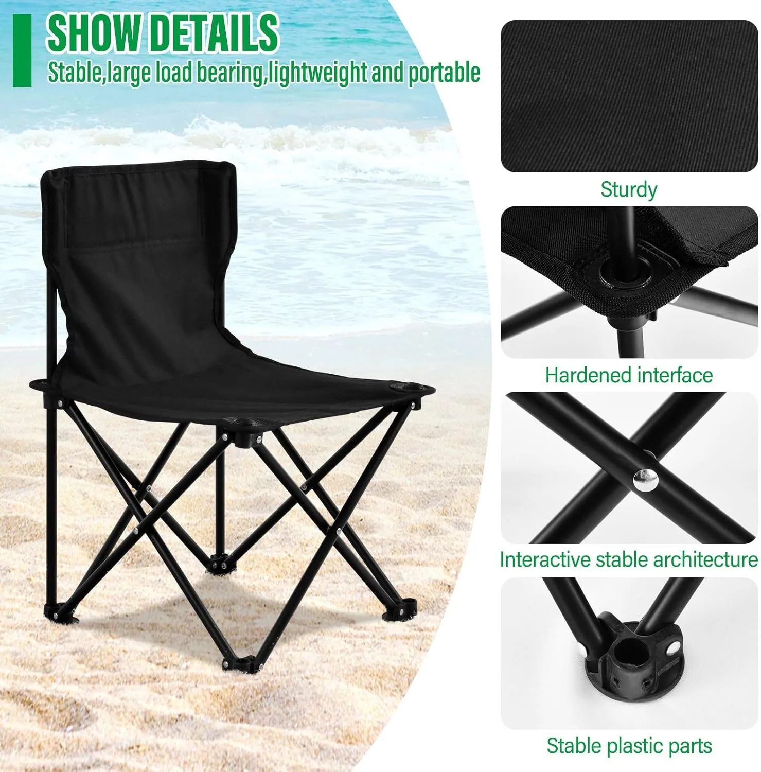 Portable Camping Chairs Black Green Heart Lightweight Folding Chair for Camping, Beach, Picnic, Travel and Sports with Carry Bag 20851115