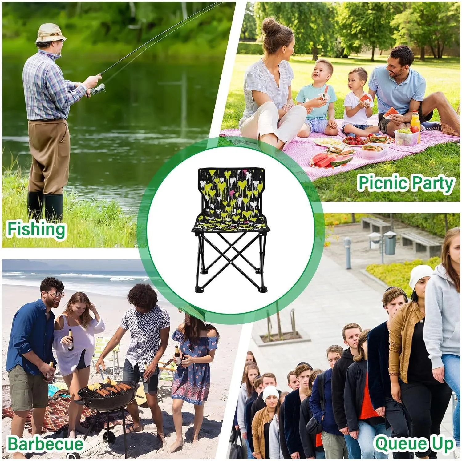 Portable Camping Chairs Black Green Heart Lightweight Folding Chair for Camping, Beach, Picnic, Travel and Sports with Carry Bag 20851115