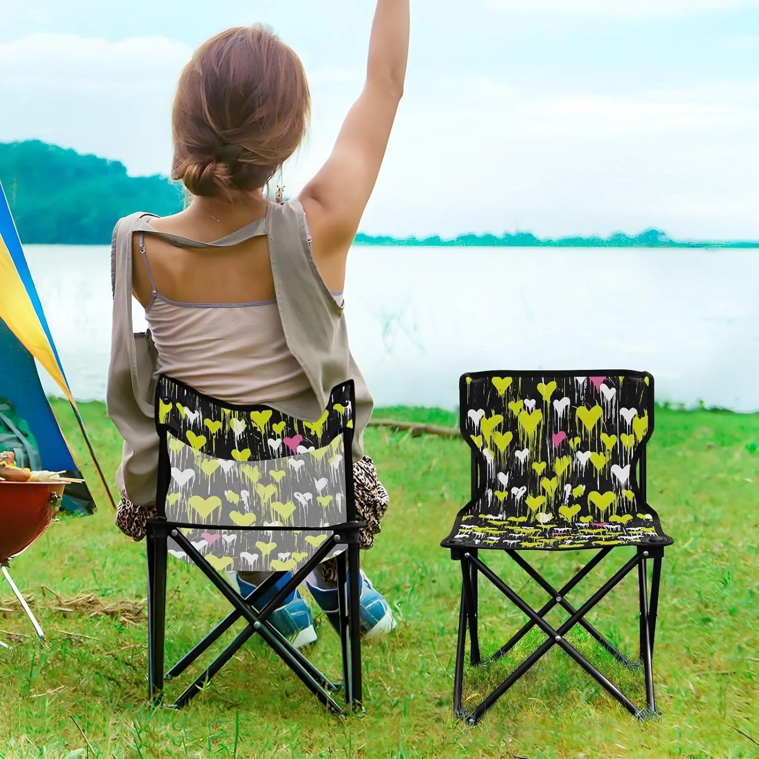Portable Camping Chairs Black Green Heart Lightweight Folding Chair for Camping, Beach, Picnic, Travel and Sports with Carry Bag 20851115
