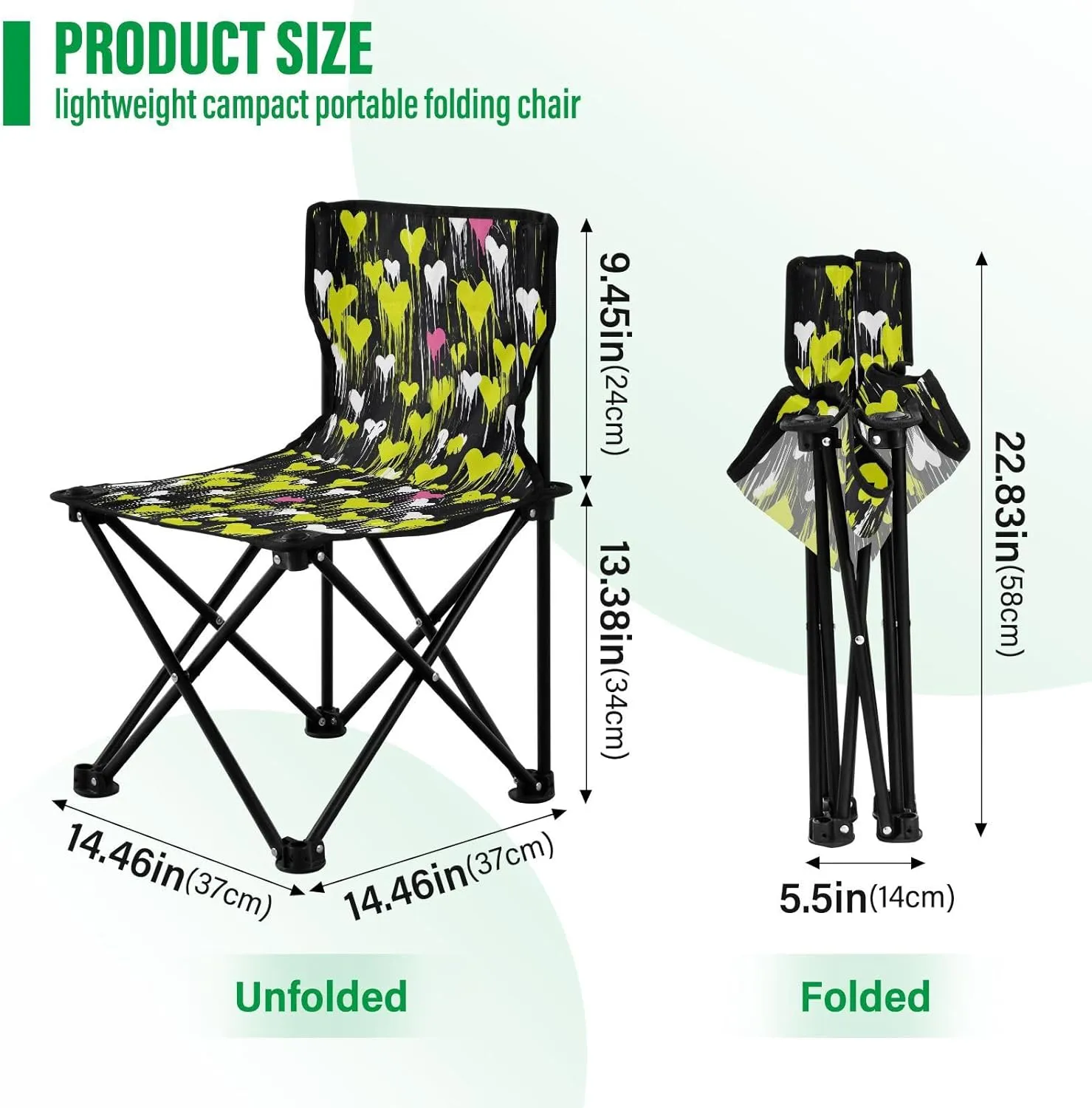 Portable Camping Chairs Black Green Heart Lightweight Folding Chair for Camping, Beach, Picnic, Travel and Sports with Carry Bag 20851115
