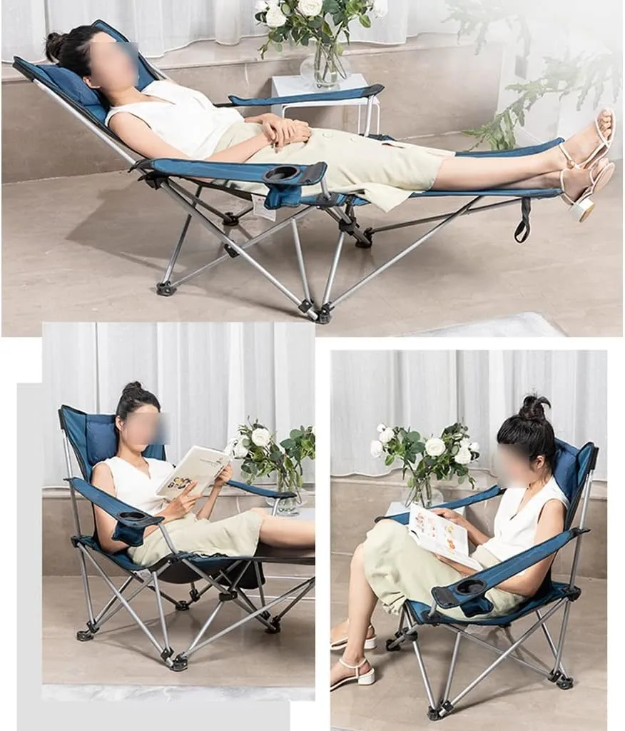 Portable Chair Camping, Lounge Chair Living Room, Folding Padded Camping Chair Steel Frame Collapsible Lawn Outdoor Chair with Side Pockets and Footrest Leisure Chair with Pillow