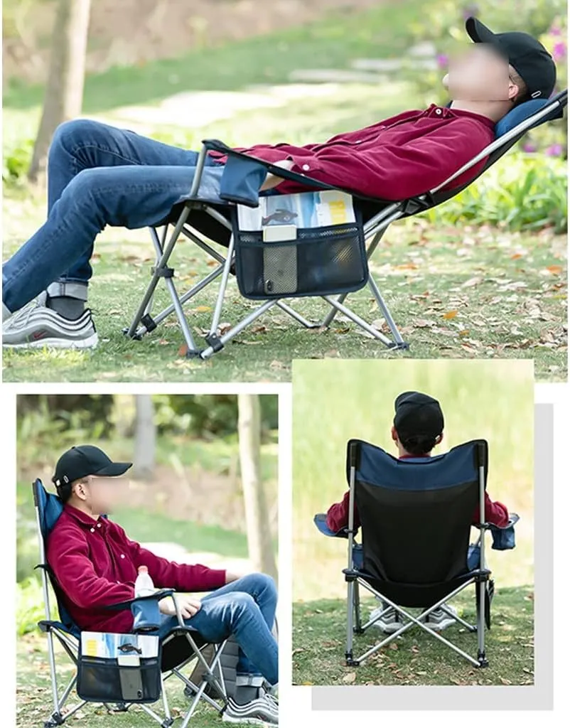 Portable Chair Camping, Lounge Chair Living Room, Folding Padded Camping Chair Steel Frame Collapsible Lawn Outdoor Chair with Side Pockets and Footrest Leisure Chair with Pillow