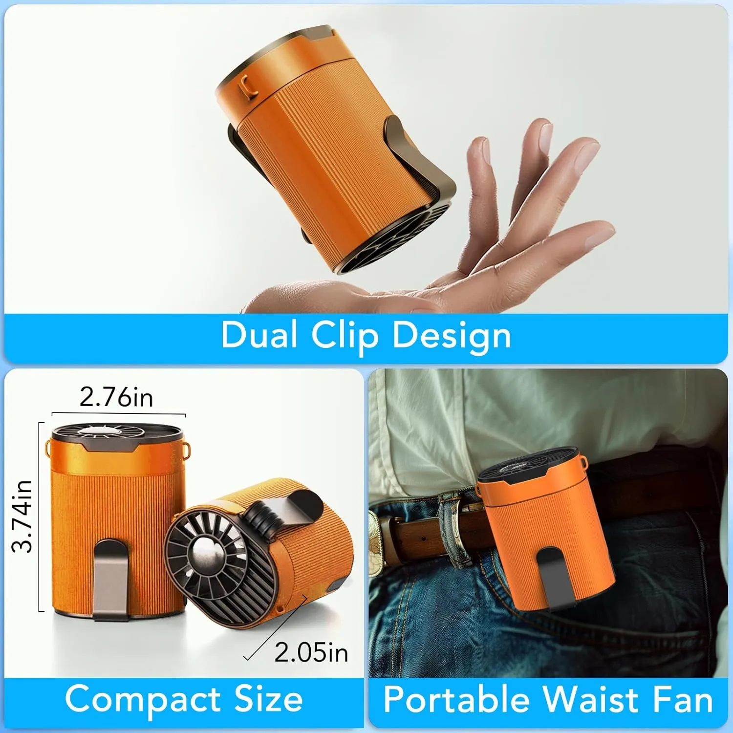 Portable Waist Fan, Rechargeable 3000mAh Battery, 25H Runtime, 6600RPM Turbo Dual Clip, 4 Speeds Adjustable, Belt Fans for Hiking, Riding, Fishing, Hands-Free Hanging Fan Gifts for Hiker, Worker