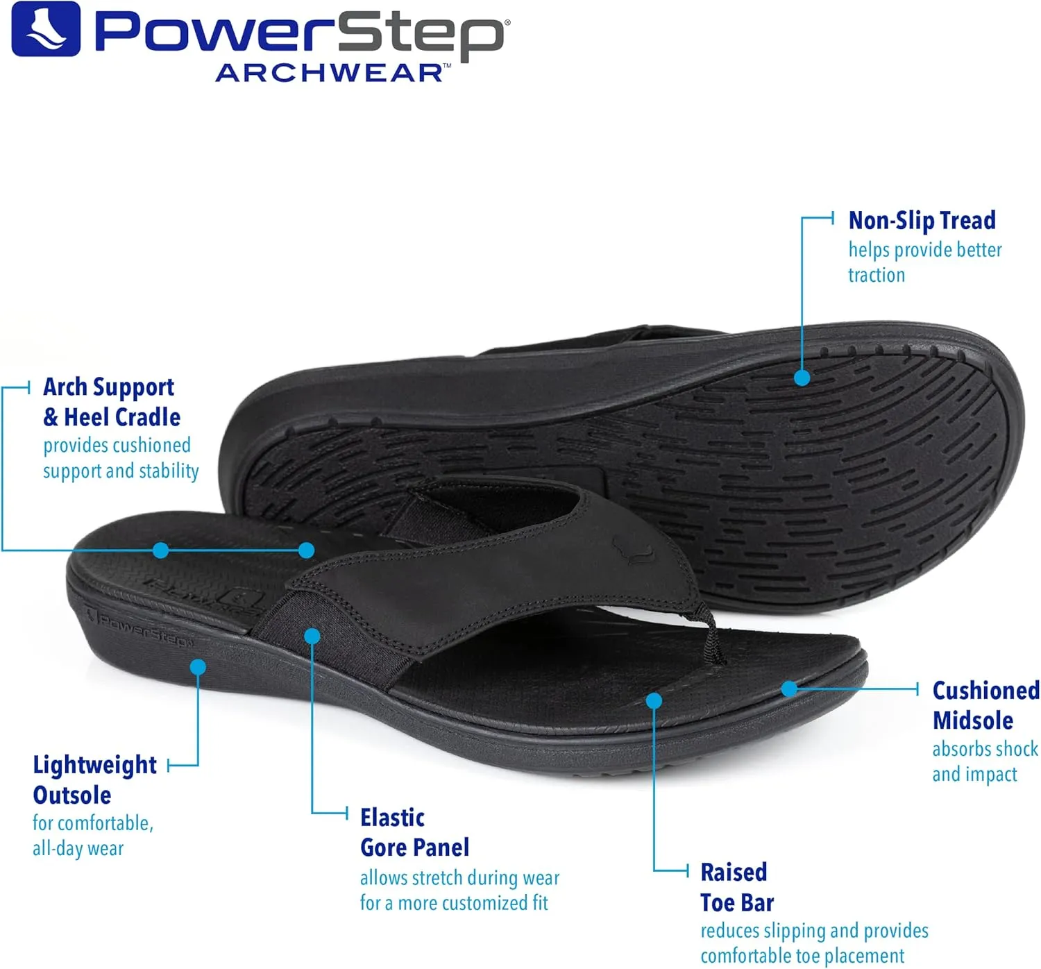 PowerStep Men's Arch Support Orthotic Flip Flop Sandals with Shock Absorbing Sole, Lightweight Non-Slip Tread, Brown, 10