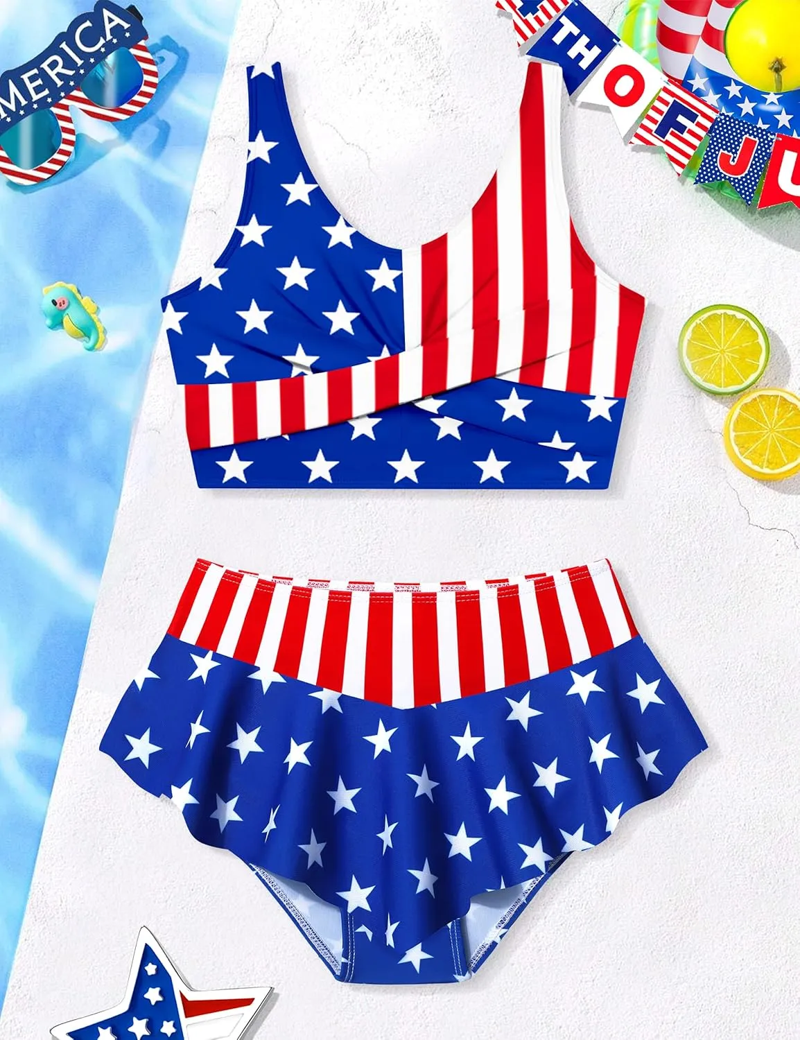 Qaoerde Girls Swimsuit Tropical Print Bikini Set with Ruffle Hem Two Piece Criss Cross Bathing Suits for Girls 7-14 Years