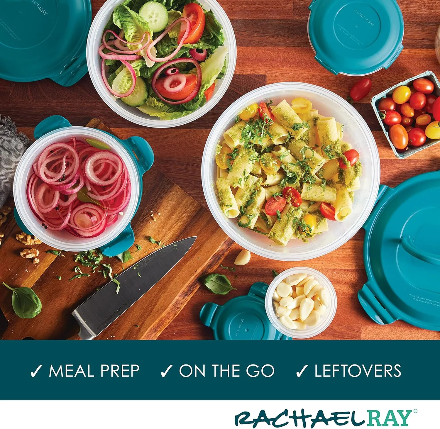 Rachael Ray Leak-Proof Nestable Container Food Storage Bin Set, 10-Piece, Clear with Teal Lids