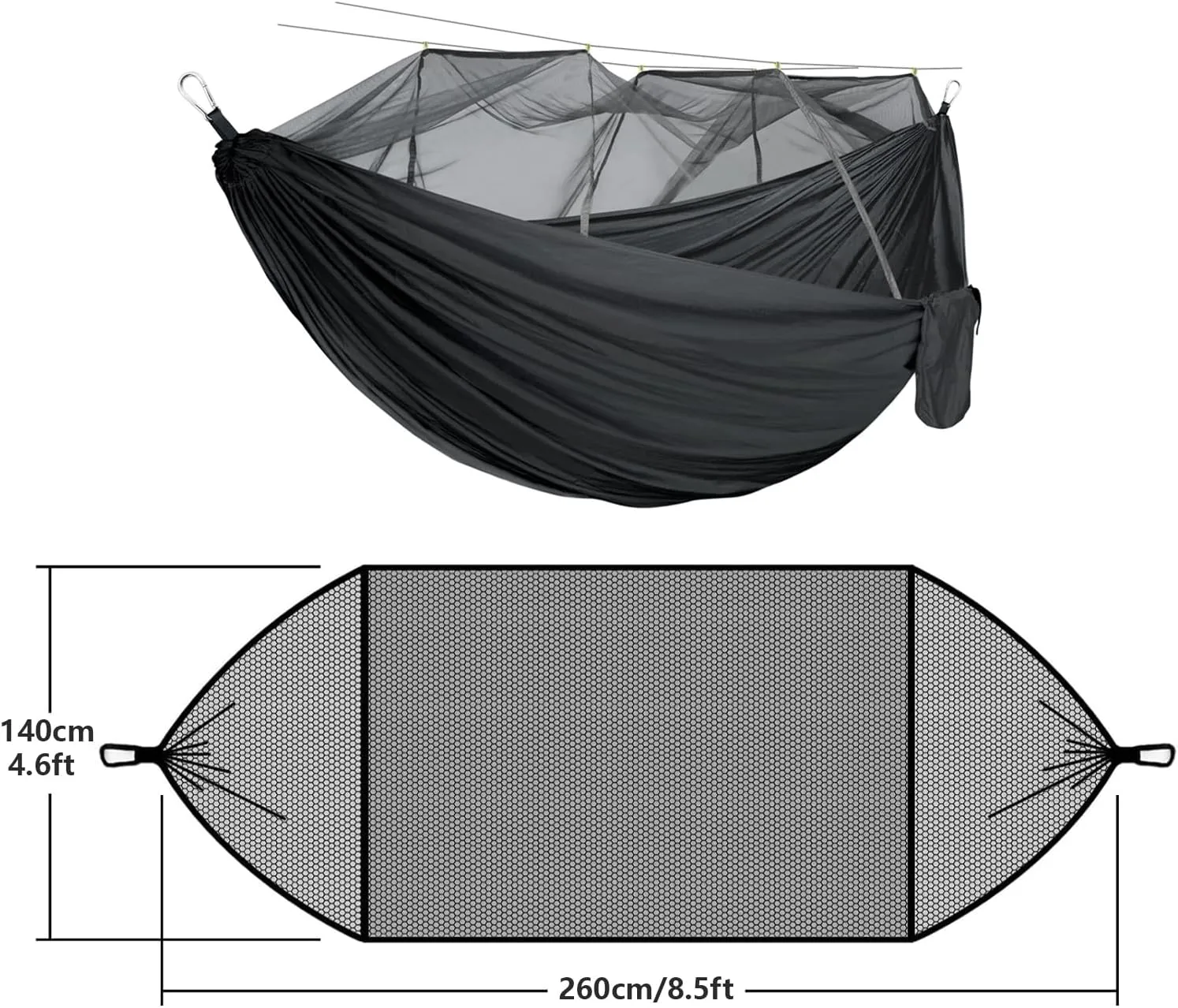 RANIT Camping Hammock with Net, 210T Parachute Nylon Fabric,Single Lightweight Portable Hammocks,Parachute Hammock for Camping, Outdoor Backyard Backpacking,Hiking (Black)