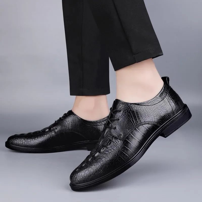 Retro Crocodile Pattern Men Leather Shoes Elegant Waterproof Dress Shoes Classic Low Top Non Slip Lace-up Oxfords