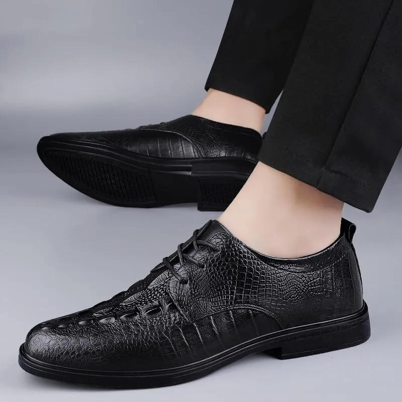 Retro Crocodile Pattern Men Leather Shoes Elegant Waterproof Dress Shoes Classic Low Top Non Slip Lace-up Oxfords