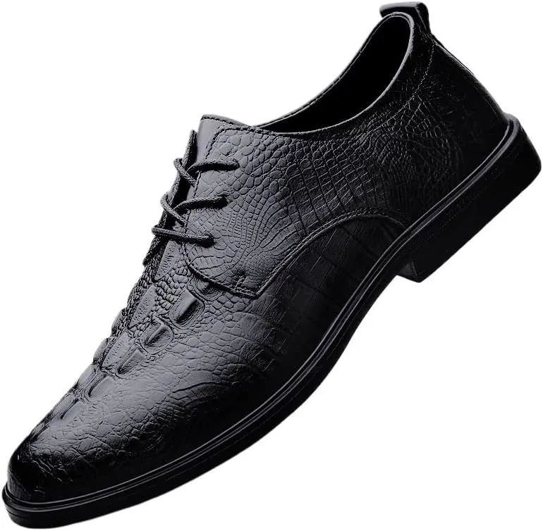 Retro Crocodile Pattern Men Leather Shoes Elegant Waterproof Dress Shoes Classic Low Top Non Slip Lace-up Oxfords