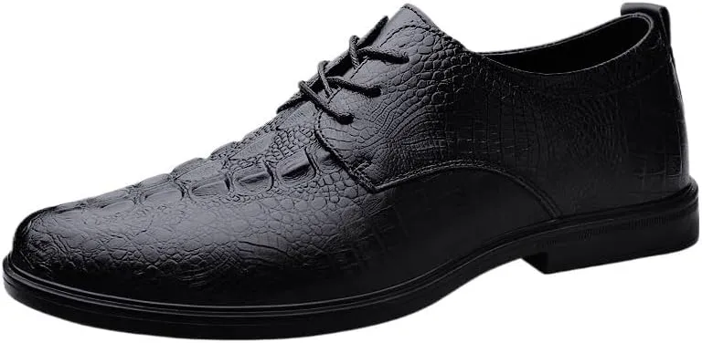 Retro Crocodile Pattern Men Leather Shoes Elegant Waterproof Dress Shoes Classic Low Top Non Slip Lace-up Oxfords