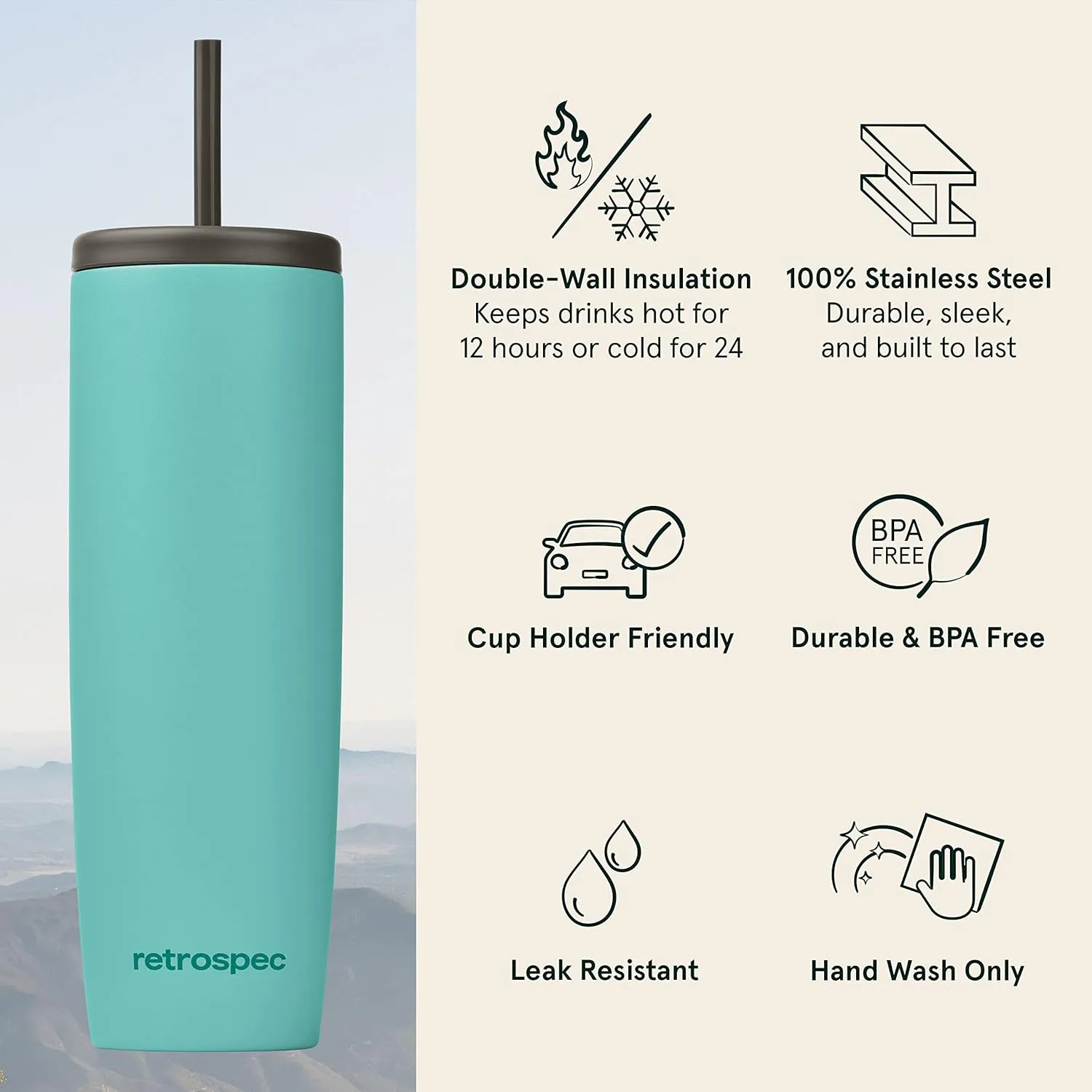 Retrospec Arroyo Stainless Steel Tumbler with Lid and Straw - Reusable Insulated Tumbler Cup - Iced Coffee Travel Mug - Double Walled Thermal Tumblers