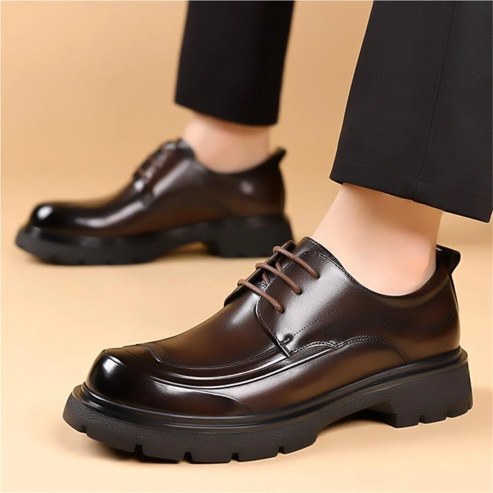Round Toe Chunky Heel Lug Sole Heightening Versatile Casual Modern Lace up Shoes Leather Platform Oxfords for Wedding Office Business
