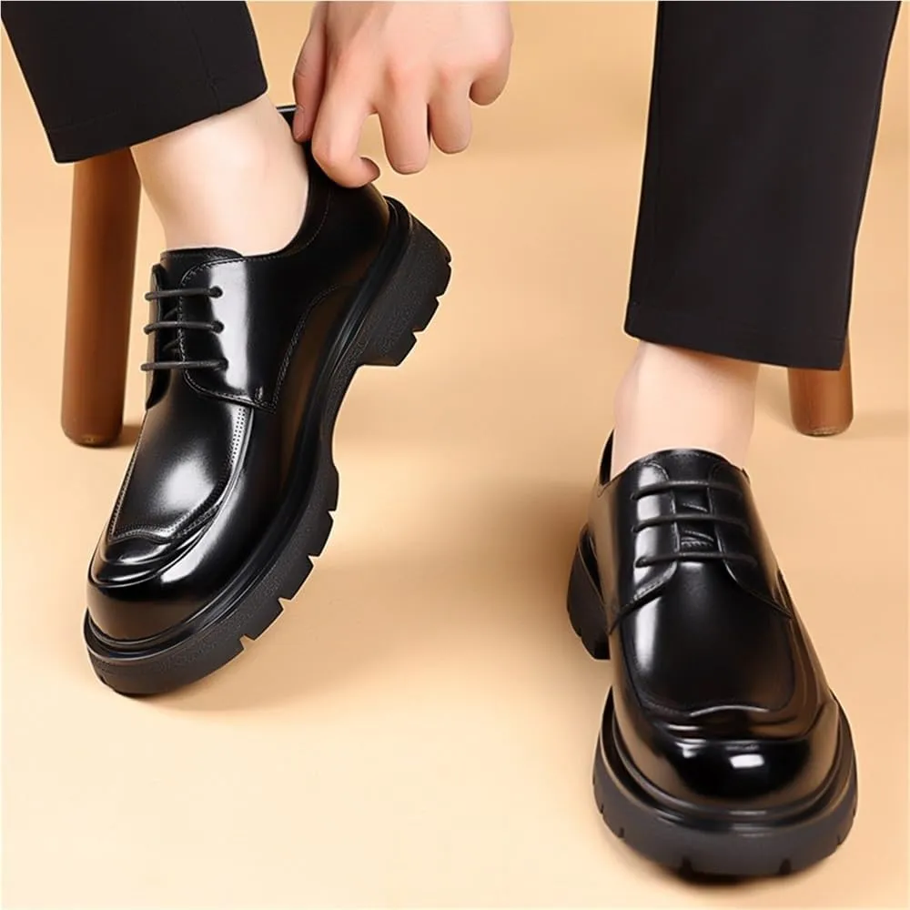 Round Toe Chunky Heel Lug Sole Heightening Versatile Casual Modern Lace up Shoes Leather Platform Oxfords for Wedding Office Business