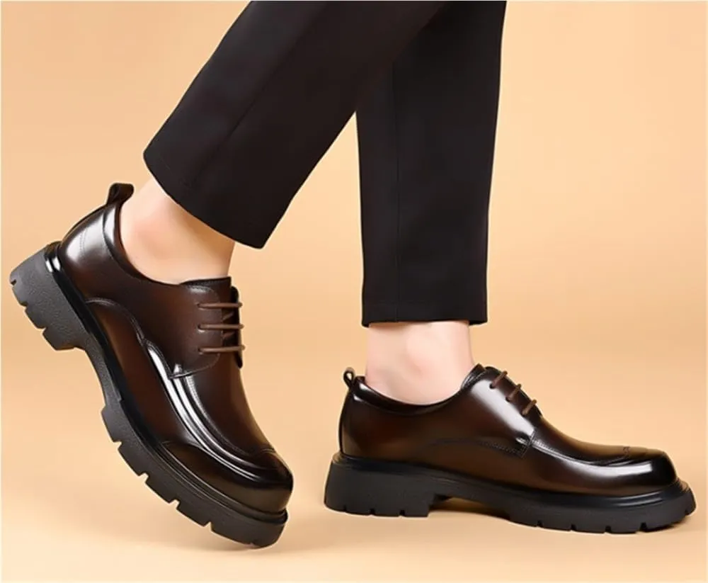 Round Toe Chunky Heel Lug Sole Heightening Versatile Casual Modern Lace up Shoes Leather Platform Oxfords for Wedding Office Business