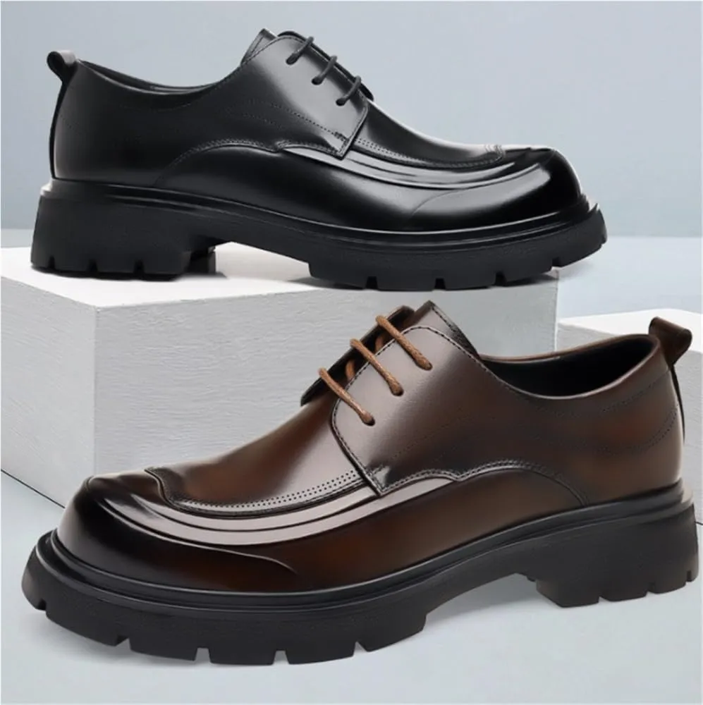 Round Toe Chunky Heel Lug Sole Heightening Versatile Casual Modern Lace up Shoes Leather Platform Oxfords for Wedding Office Business
