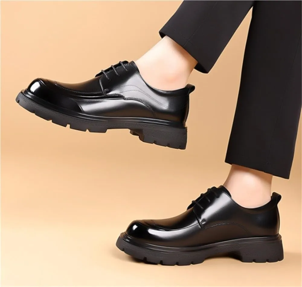 Round Toe Chunky Heel Lug Sole Heightening Versatile Casual Modern Lace up Shoes Leather Platform Oxfords for Wedding Office Business