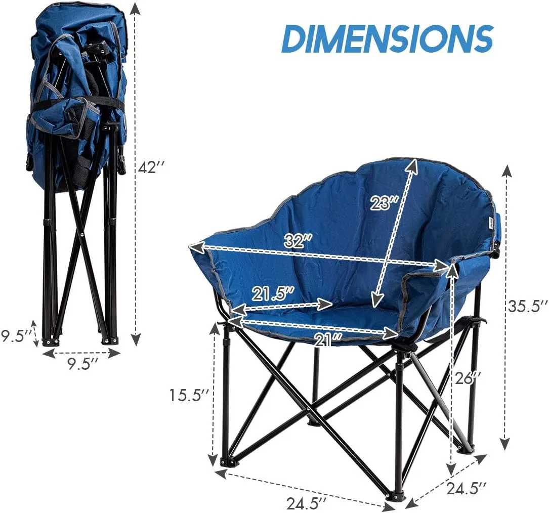 S AFSTAR Oversized Camping Chair, Cushion Padded Moon Round Saucer Chair w/Cup Holder & Carry Bag, Outdoor Leisure Folding Chair, Portable Folding Camp Chair for Camping Fishing (Navy)