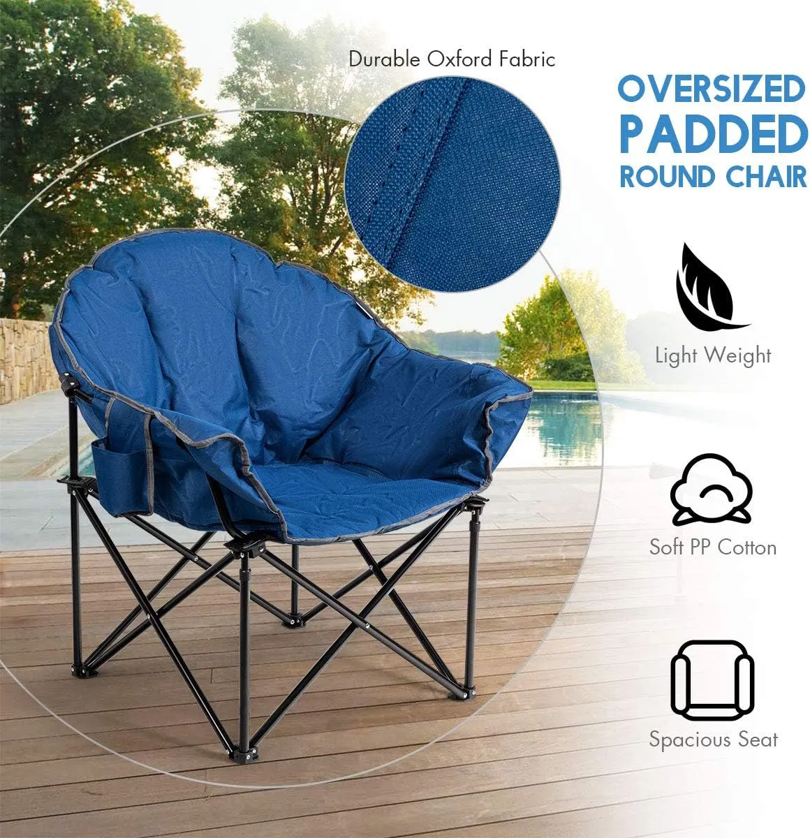 S AFSTAR Oversized Camping Chair, Cushion Padded Moon Round Saucer Chair w/Cup Holder & Carry Bag, Outdoor Leisure Folding Chair, Portable Folding Camp Chair for Camping Fishing (Navy)