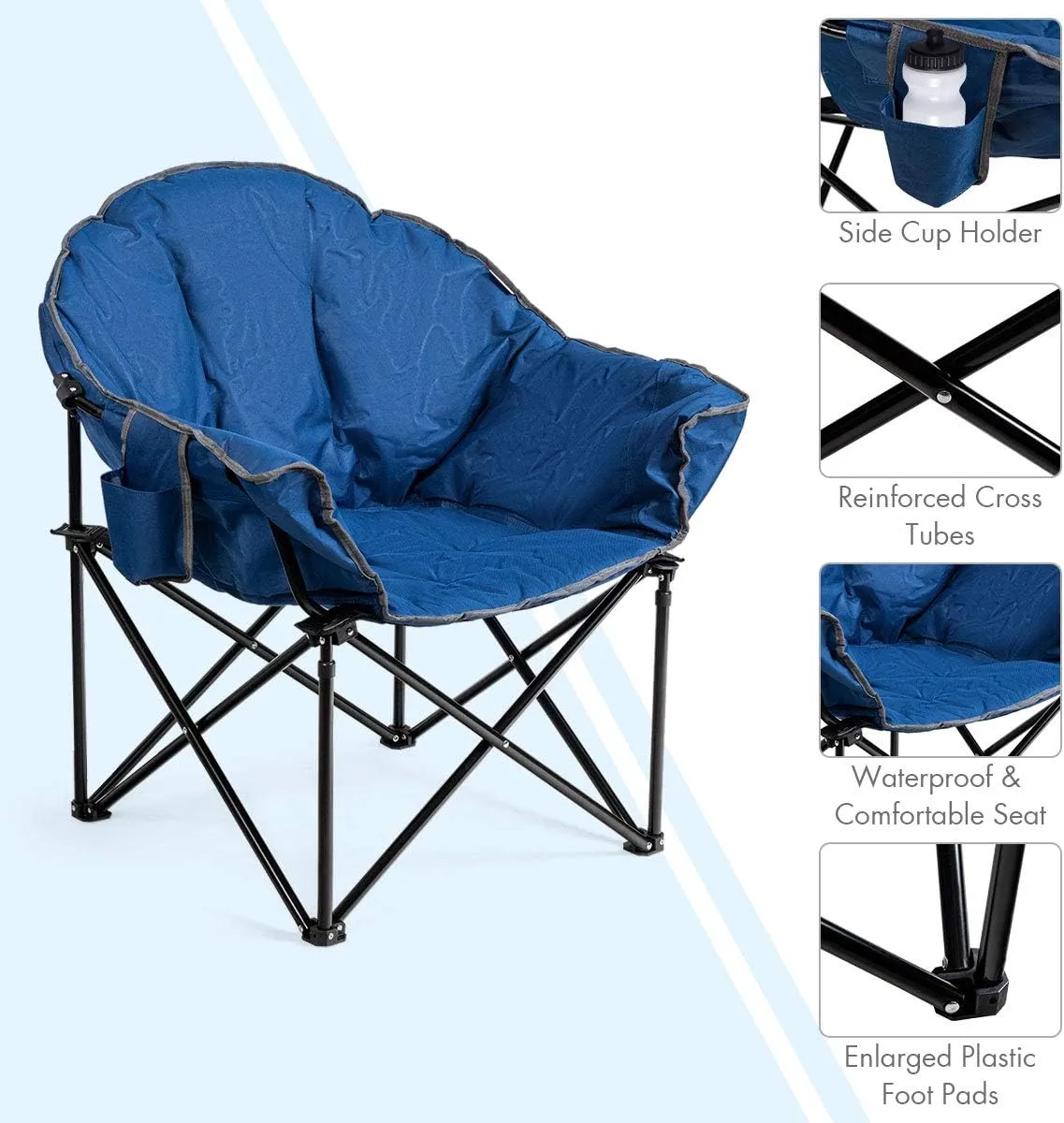 S AFSTAR Oversized Camping Chair, Cushion Padded Moon Round Saucer Chair w/Cup Holder & Carry Bag, Outdoor Leisure Folding Chair, Portable Folding Camp Chair for Camping Fishing (Navy)