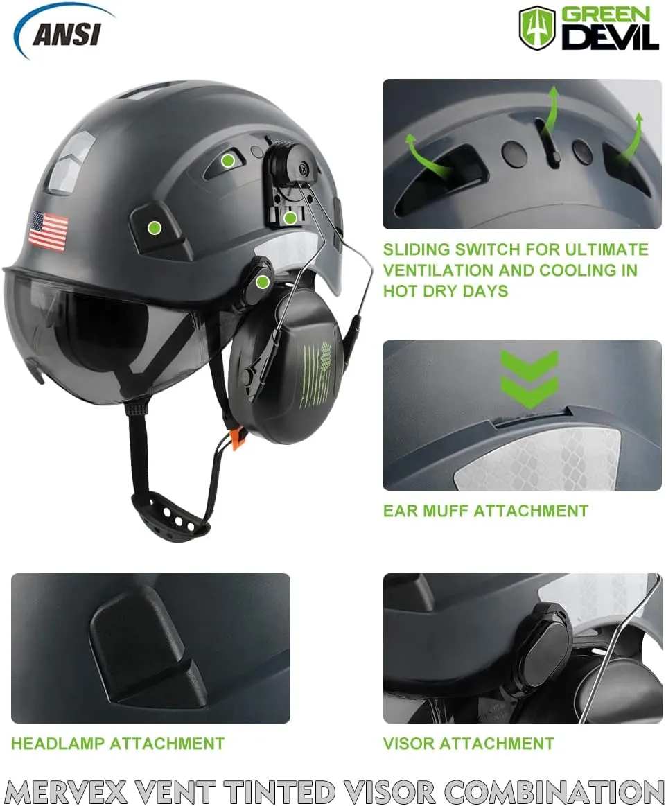 Safety Helmet Hard Hat with Visor and Ear Protection Adjustable Lightweight Vented ABS Work Helmet for Men and Women 6-Point Suspension ANSI Z89.1 Approved Ideal for Industrial & Construction