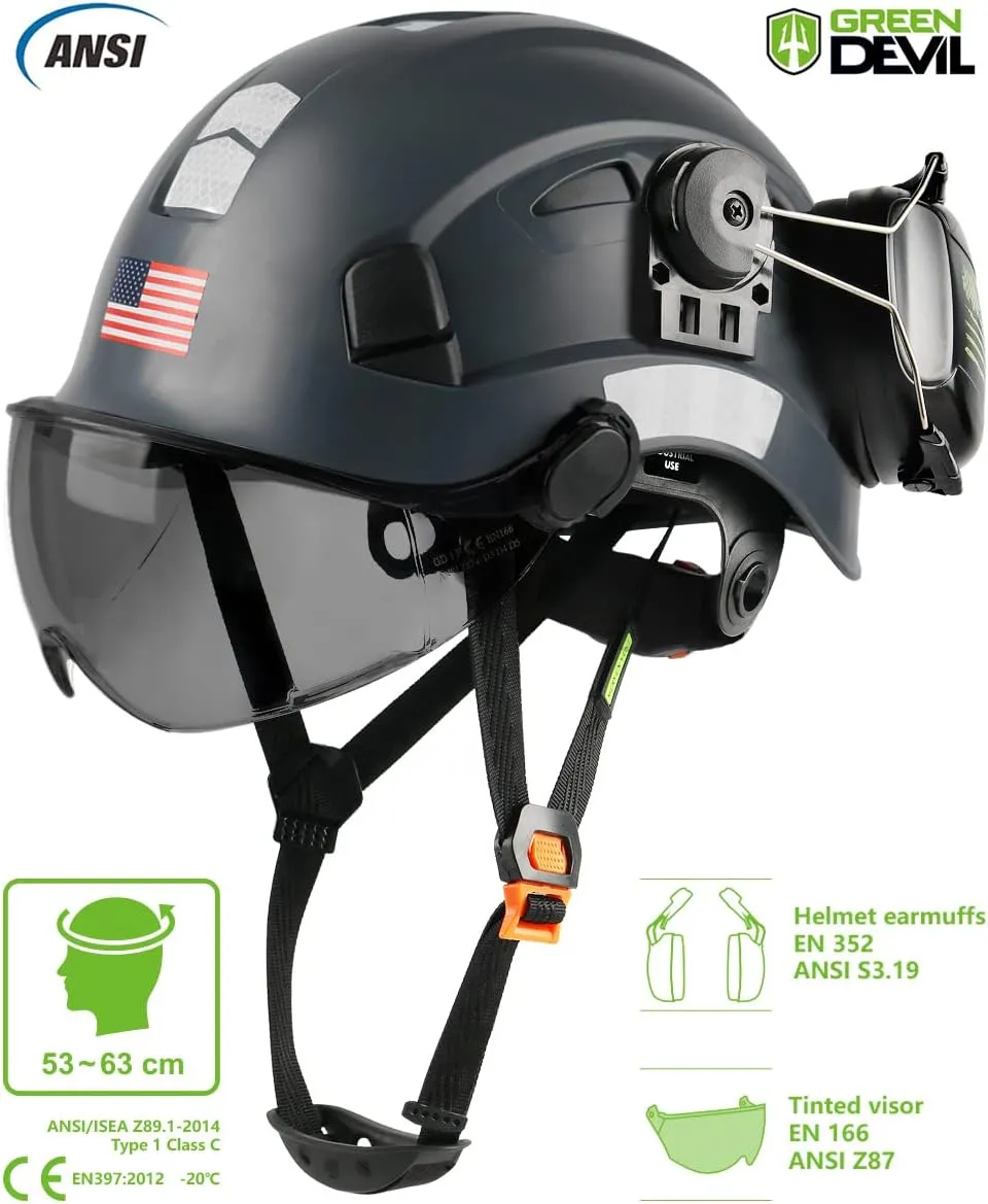 Safety Helmet Hard Hat with Visor and Ear Protection Adjustable Lightweight Vented ABS Work Helmet for Men and Women 6-Point Suspension ANSI Z89.1 Approved Ideal for Industrial & Construction