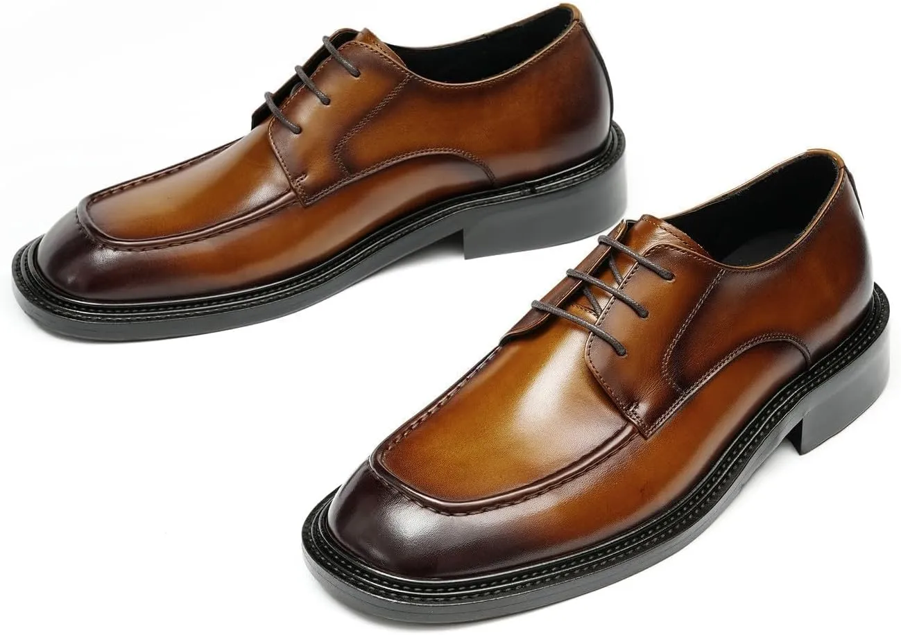 Santimon Men’s Genuine Leather Oxfords Dress Shoes – Lace-Up Derby with Rubber Sole, Soft Calfskin Lining, Anti-Slip Business Formal Suit Shoes for Office, Wedding & Daily Wear