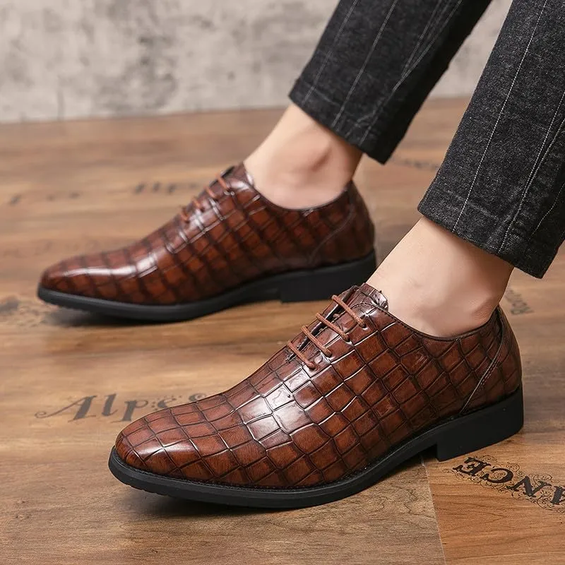 Santimon Men's Leather Oxford Shoes Crocodile Pattern Leather Formal Dress Business Casual Lace Up Shoes