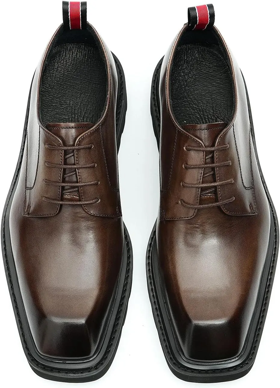 Santimon Mens Oxfords Brown and Black Dress Shoes Formal Business Lightweight Square Toe Derby Wedding Prom Casual Leather Shoes for Men
