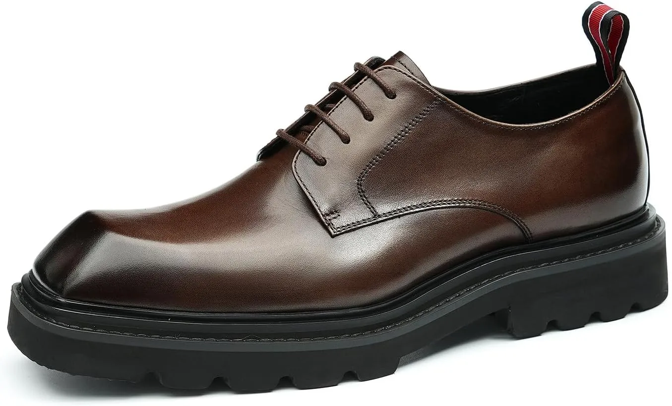 Santimon Mens Oxfords Brown and Black Dress Shoes Formal Business Lightweight Square Toe Derby Wedding Prom Casual Leather Shoes for Men