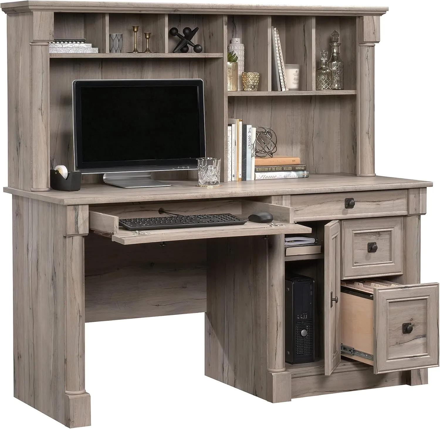 Sauder Palladia Computer Desk with Hutch, Home Office Desk with Drawers, File Cabinet Storage Drawer, Cable Management, Keyboard Tray, in Split Oak Finish