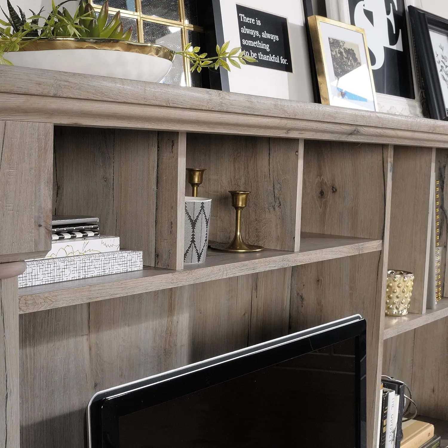 Sauder Palladia Computer Desk with Hutch, Home Office Desk with Drawers, File Cabinet Storage Drawer, Cable Management, Keyboard Tray, in Split Oak Finish