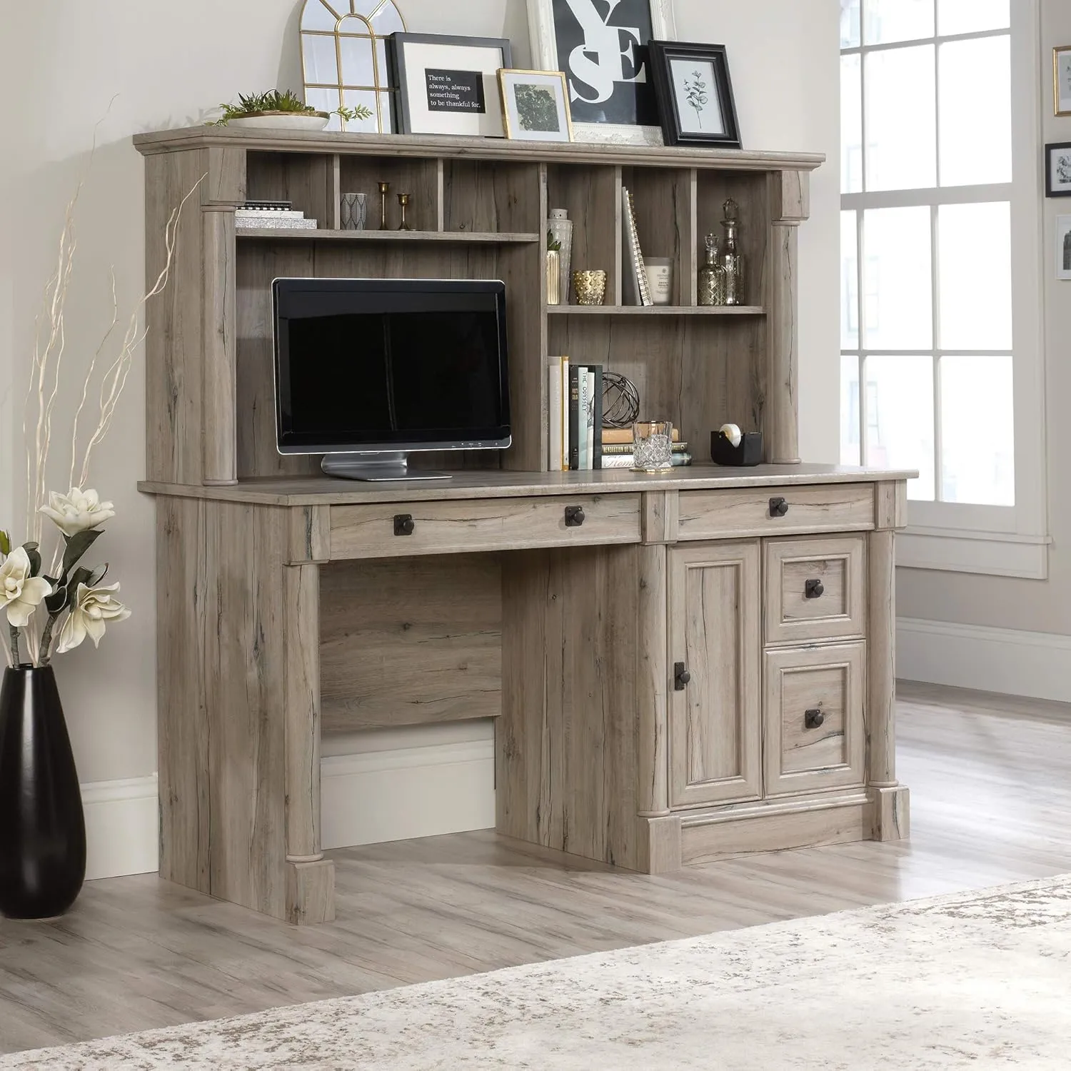 Sauder Palladia Computer Desk with Hutch, Home Office Desk with Drawers, File Cabinet Storage Drawer, Cable Management, Keyboard Tray, in Split Oak Finish