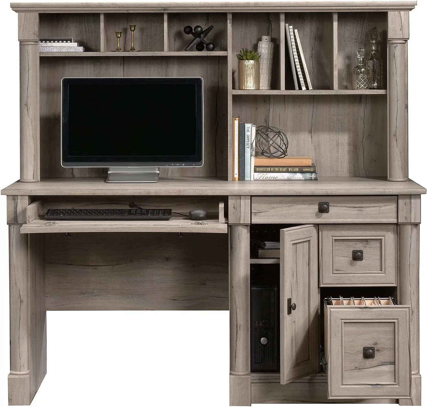 Sauder Palladia Computer Desk with Hutch, Home Office Desk with Drawers, File Cabinet Storage Drawer, Cable Management, Keyboard Tray, in Split Oak Finish