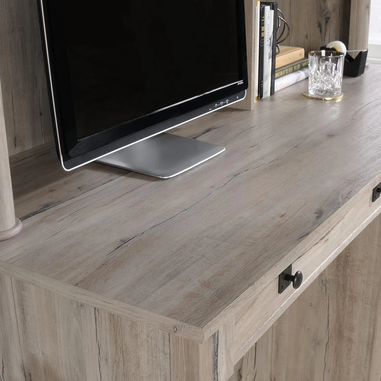 Sauder Palladia Computer Desk with Hutch, Home Office Desk with Drawers, File Cabinet Storage Drawer, Cable Management, Keyboard Tray, in Split Oak Finish