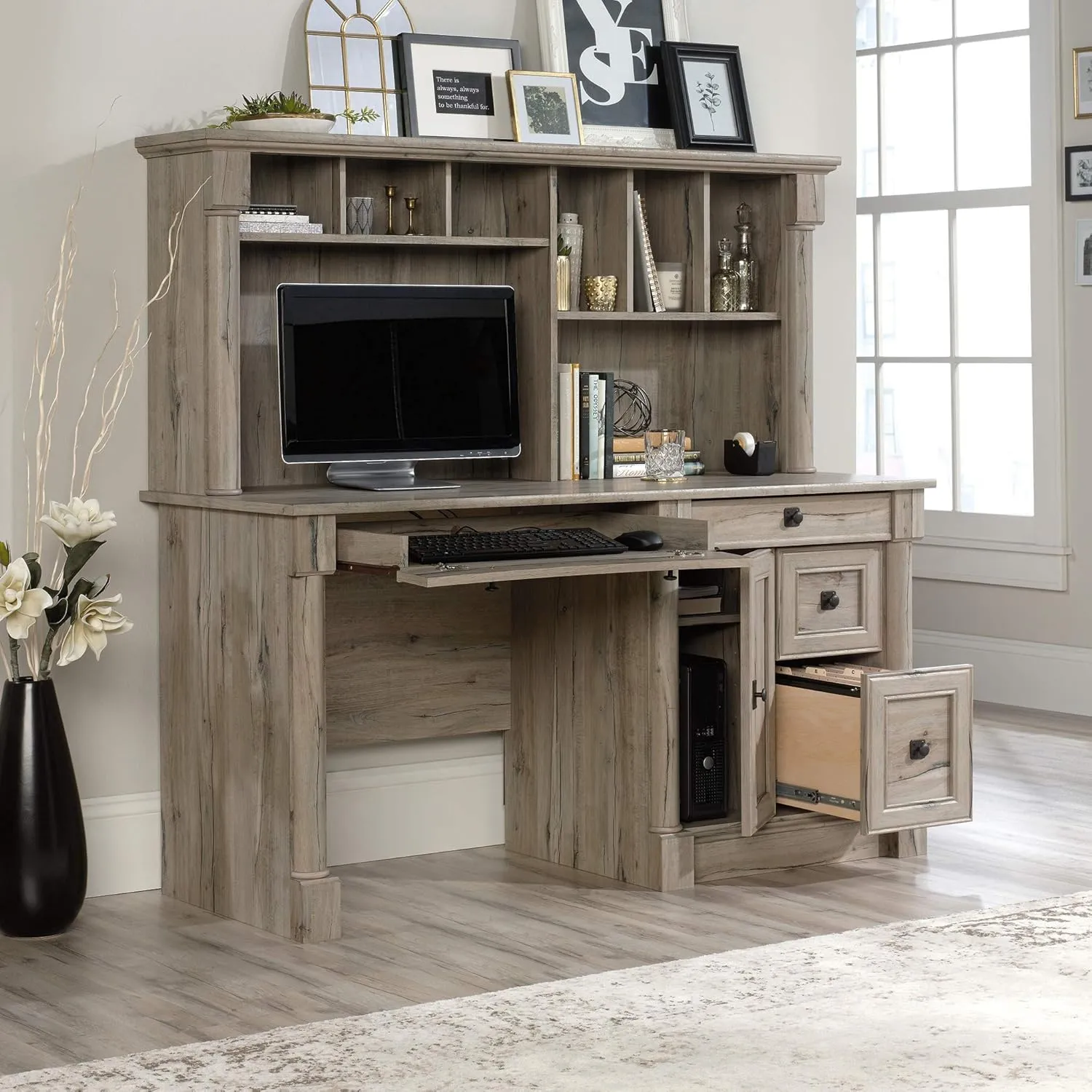 Sauder Palladia Computer Desk with Hutch, Home Office Desk with Drawers, File Cabinet Storage Drawer, Cable Management, Keyboard Tray, in Split Oak Finish