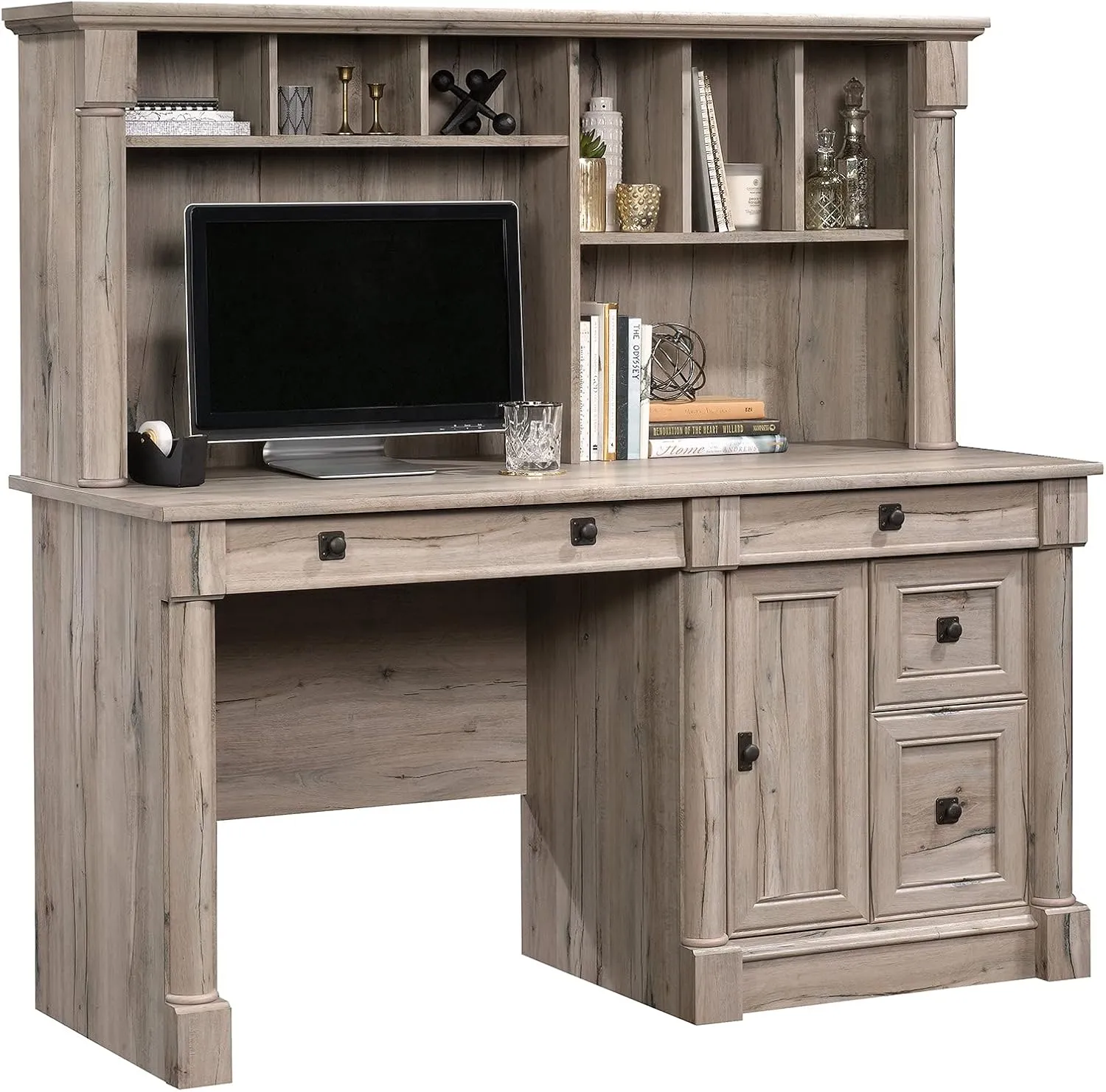 Sauder Palladia Computer Desk with Hutch, Home Office Desk with Drawers, File Cabinet Storage Drawer, Cable Management, Keyboard Tray, in Split Oak Finish
