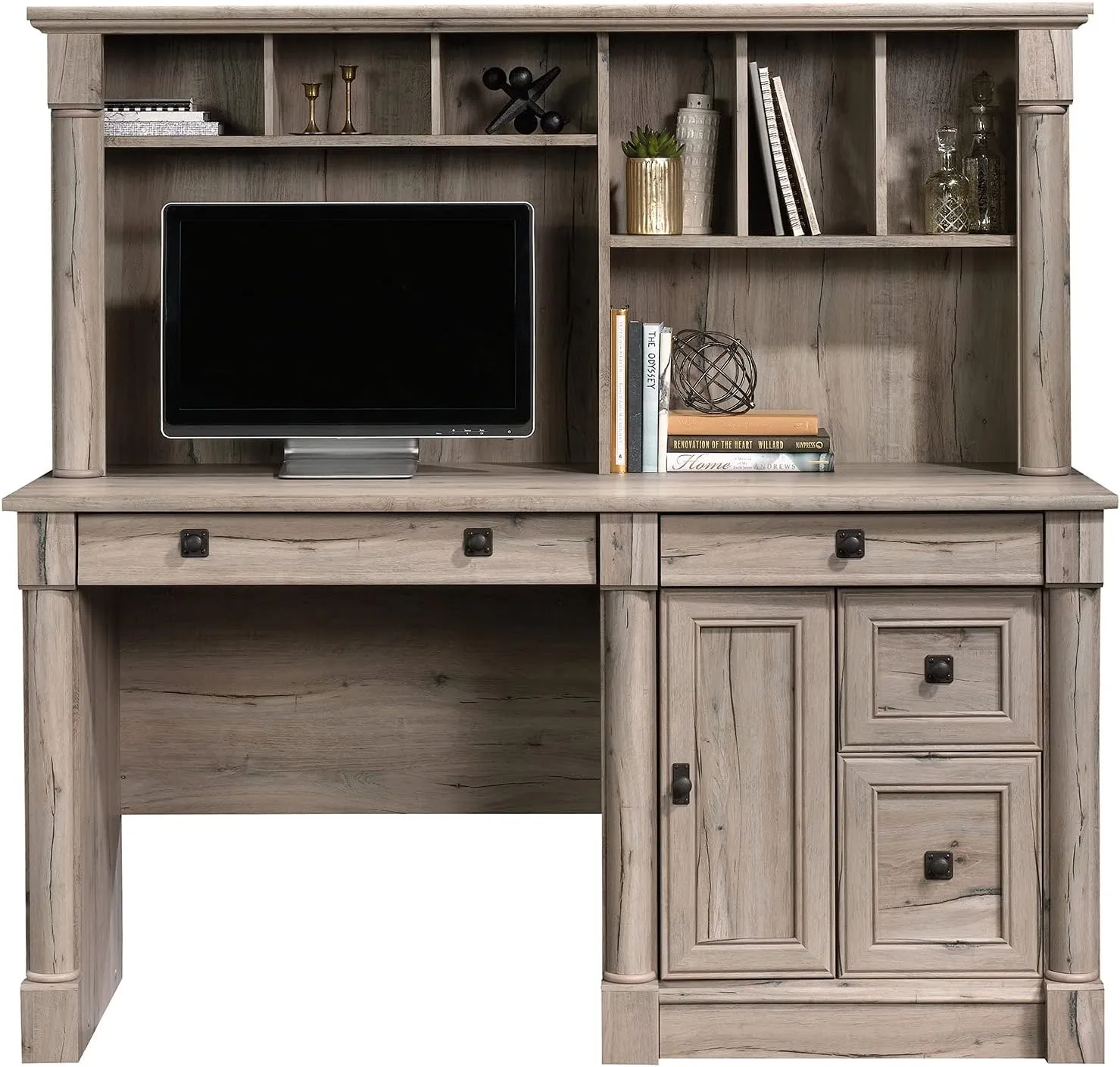 Sauder Palladia Computer Desk with Hutch, Home Office Desk with Drawers, File Cabinet Storage Drawer, Cable Management, Keyboard Tray, in Split Oak Finish