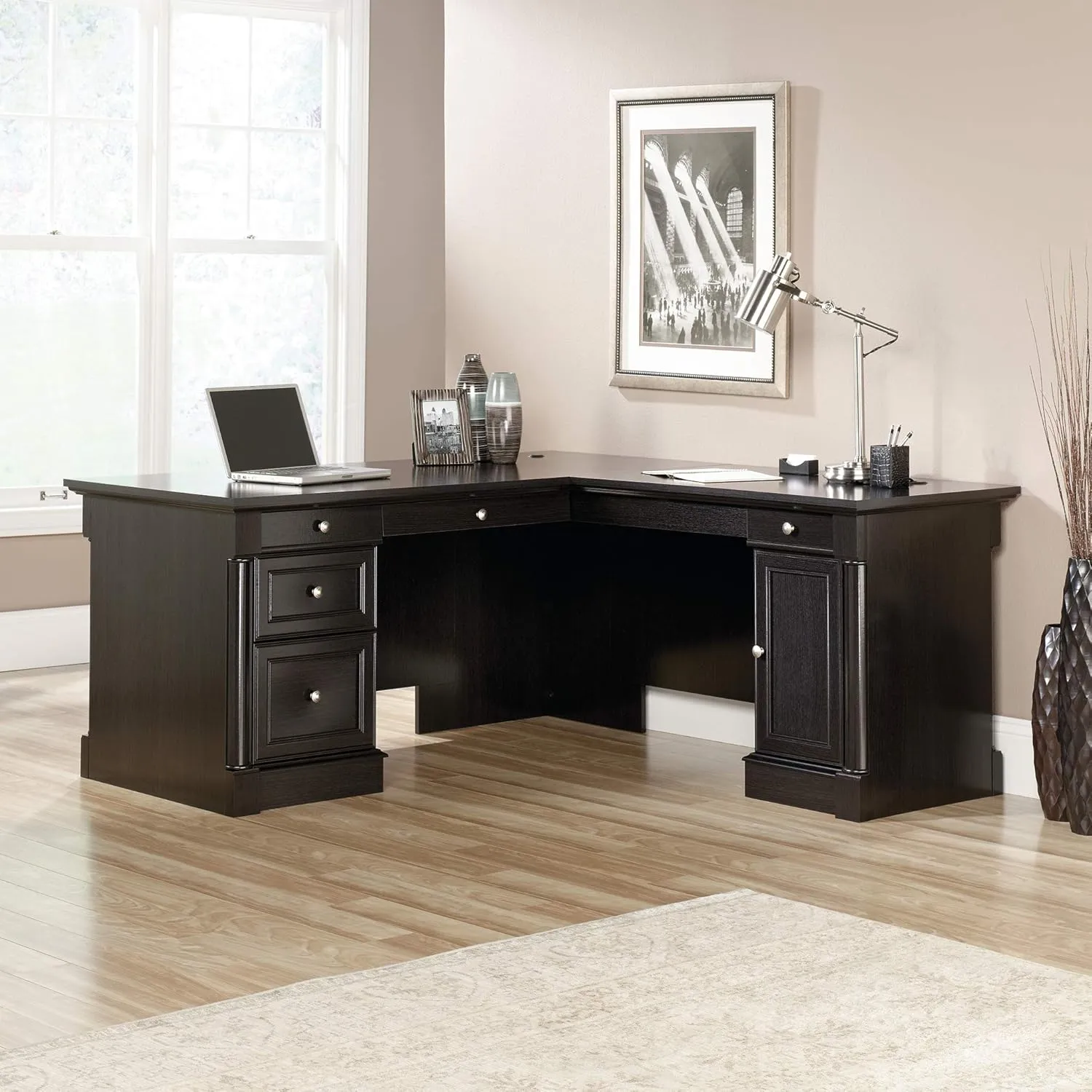 Sauder Palladia L-Desk, L: 68.74" x W: 65.12" x H: 29.61", Wind Oak