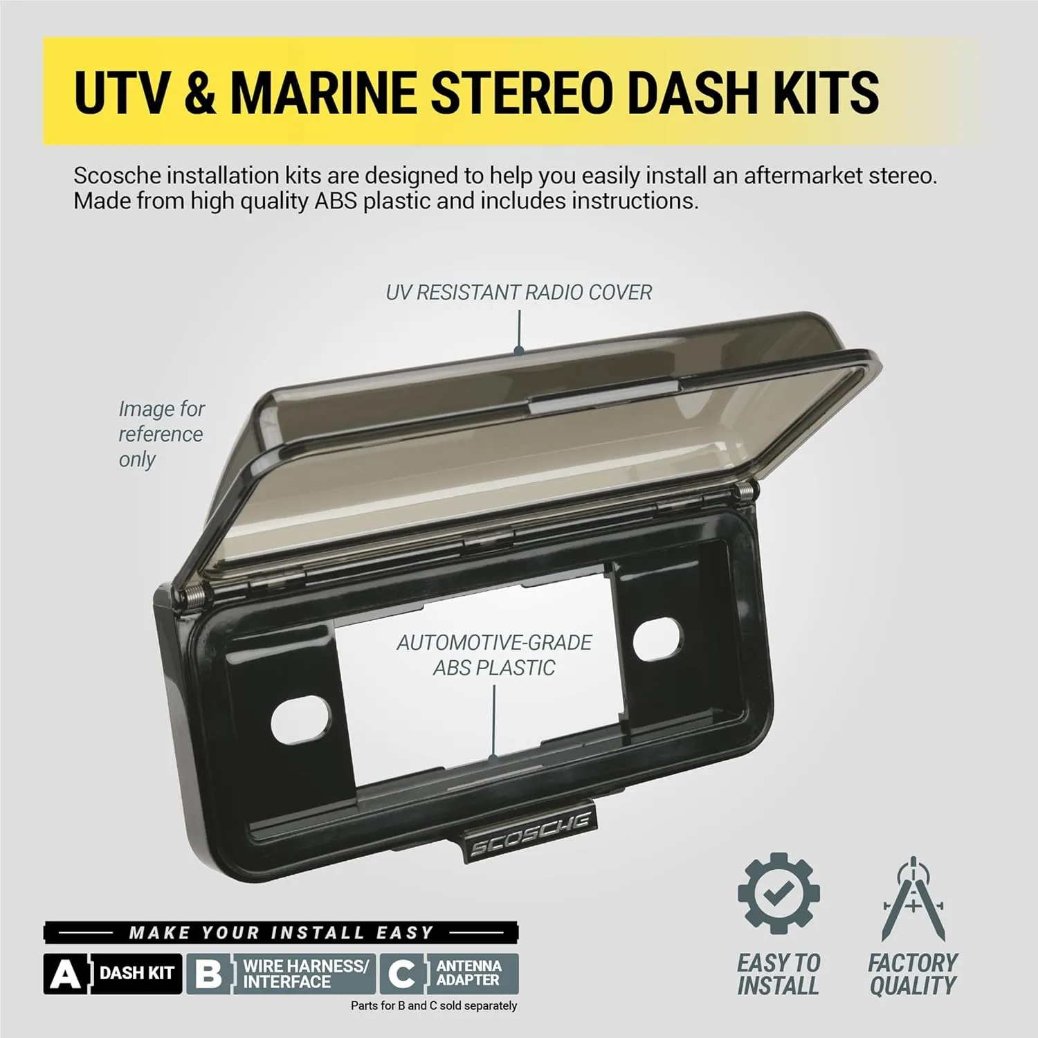 Scosche ACM1 Universal Marine Radio Cover - Water Resistant Boat Dash Radio Protector Shield with Spring Loaded Flip-Up Retractable Door, Single DIN Marine Stereo Kit - Durable Boat Accessory