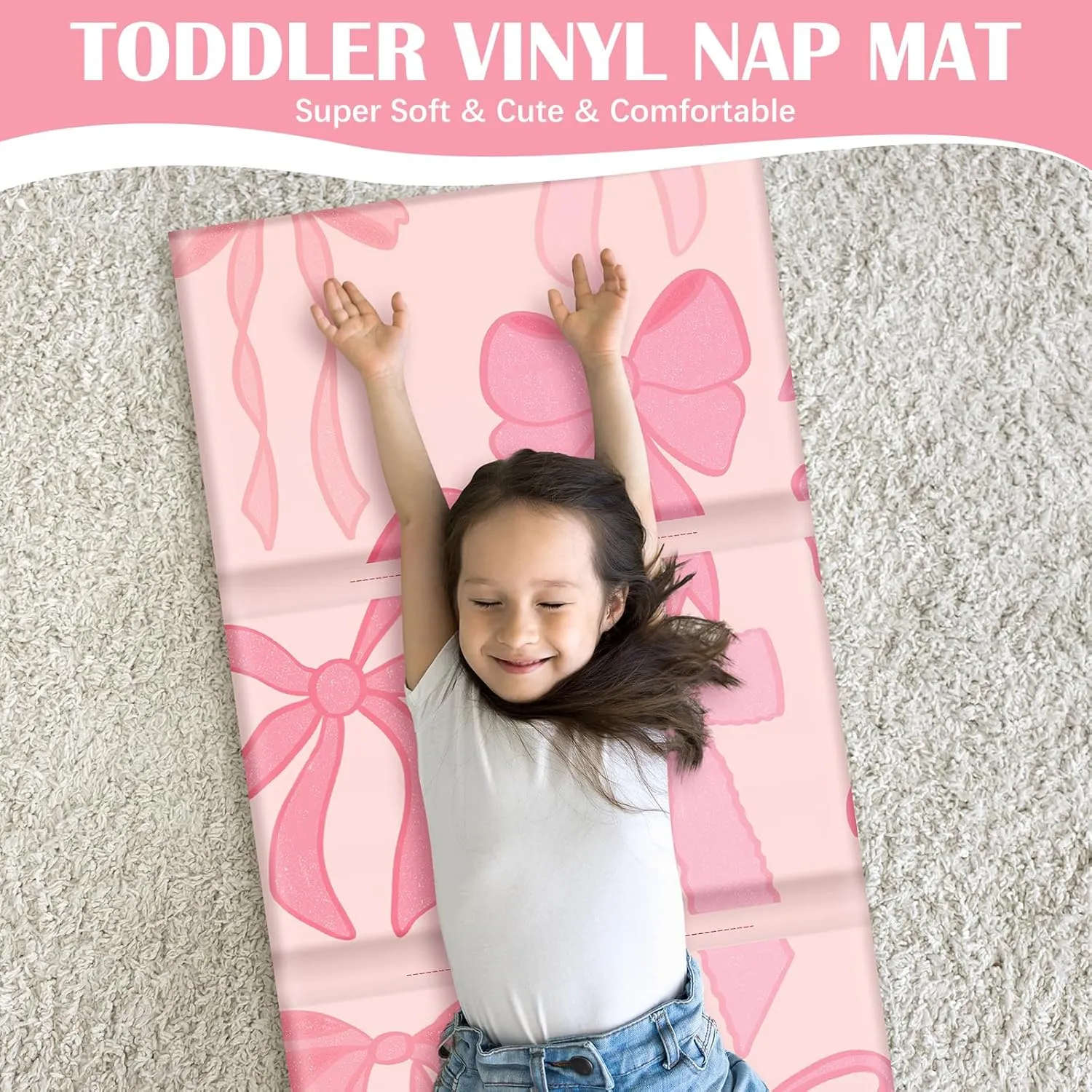 Shellwei Toddler Vinyl Nap Mat for Preschool Daycare 52 x 20 x 1'' Kids Sleeping Folding Rest Mat for Boys Girls Baby Classroom Home Travel(Pink Bow)