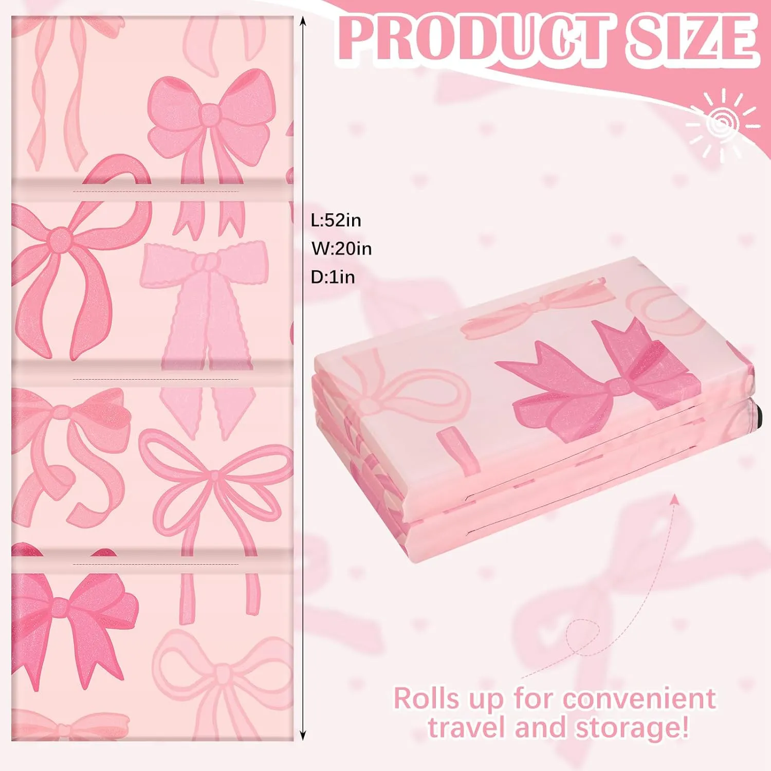 Shellwei Toddler Vinyl Nap Mat for Preschool Daycare 52 x 20 x 1'' Kids Sleeping Folding Rest Mat for Boys Girls Baby Classroom Home Travel(Pink Bow)