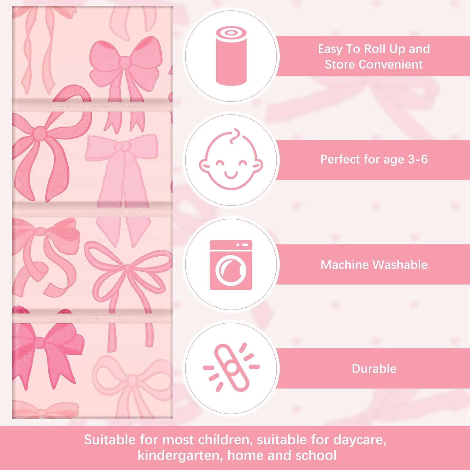 Shellwei Toddler Vinyl Nap Mat for Preschool Daycare 52 x 20 x 1'' Kids Sleeping Folding Rest Mat for Boys Girls Baby Classroom Home Travel(Pink Bow)