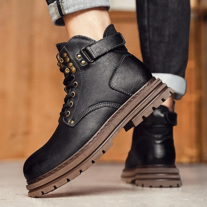 Shoes Men's Outdoor High-top Lace-up Leather Boots Comfortable Round-toe Thick-soled Oxford Shoes for Travel Driving Men Versatile Casual Shoes