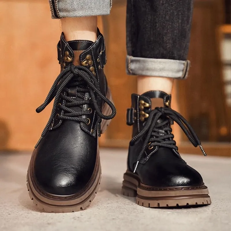 Shoes Men's Outdoor High-top Lace-up Leather Boots Comfortable Round-toe Thick-soled Oxford Shoes for Travel Driving Men Versatile Casual Shoes