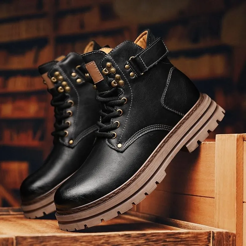 Shoes Men's Outdoor High-top Lace-up Leather Boots Comfortable Round-toe Thick-soled Oxford Shoes for Travel Driving Men Versatile Casual Shoes