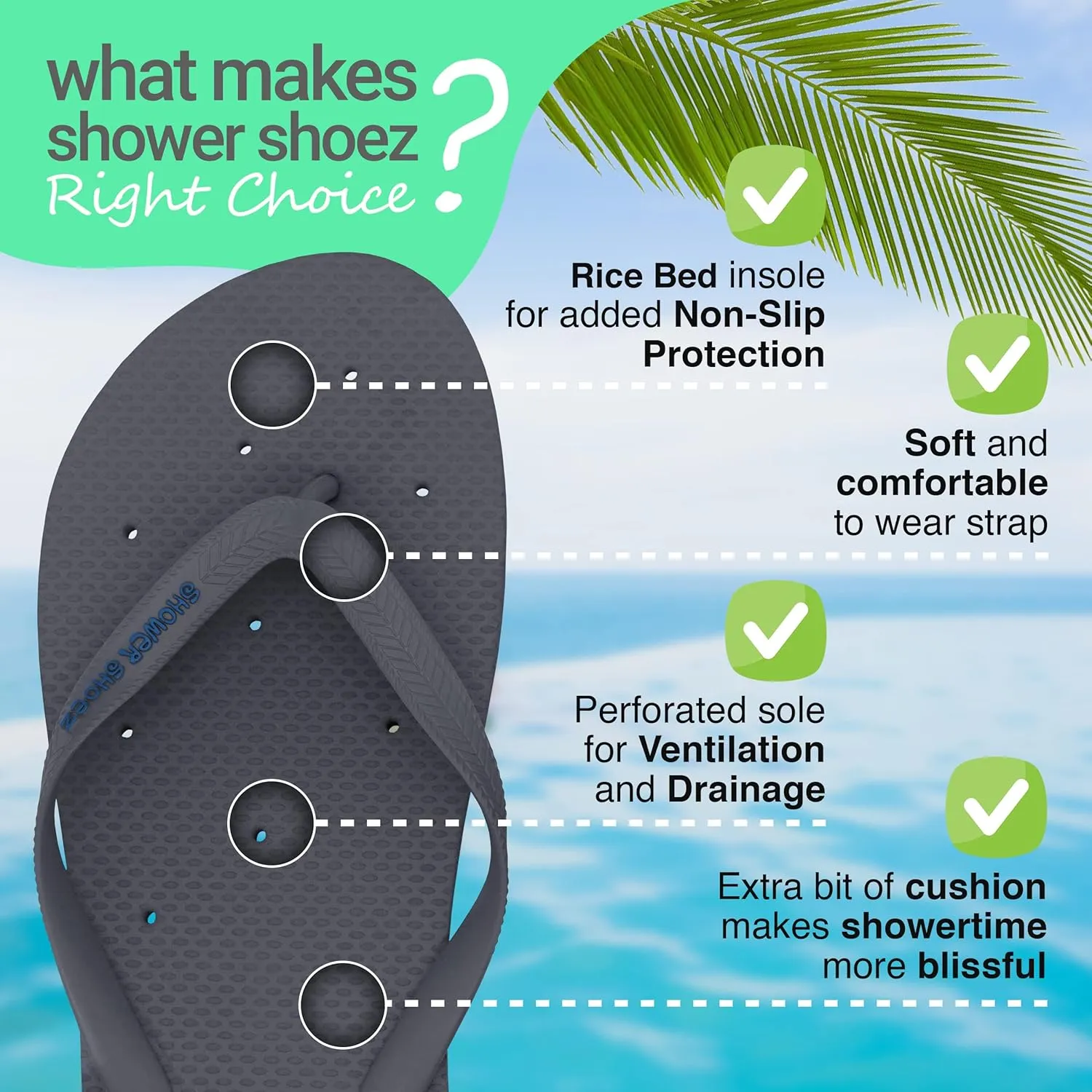 Shower Shoez Men's Non-Slip Gym Pool Dorm Water Sandals Flip Flops
