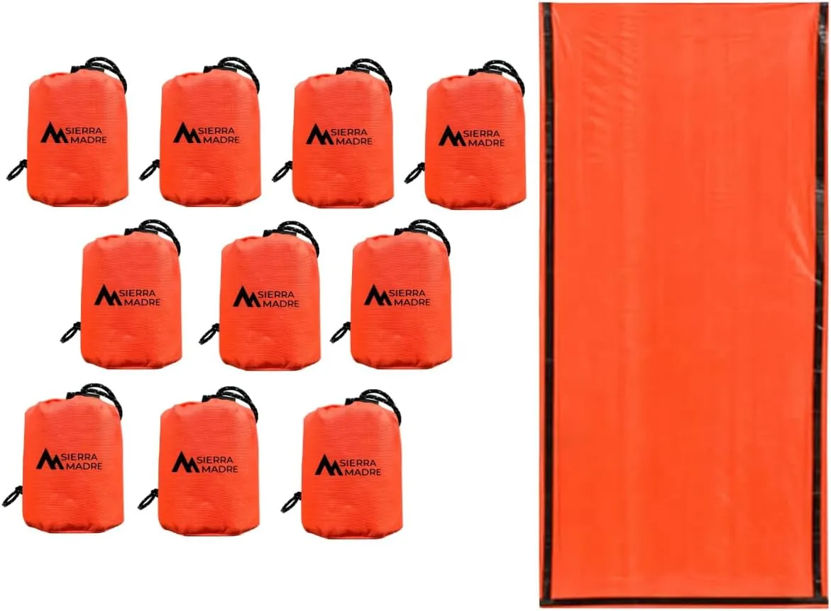 Sierra Madre Emergency Sleeping Bag – Ultralight, Waterproof Mylar Thermal Bivy Sack Tent for Hiking, Bug-Out Bags, Survival Kits – Emergency Survival Space Blanket for Heat Retention 10 Pack