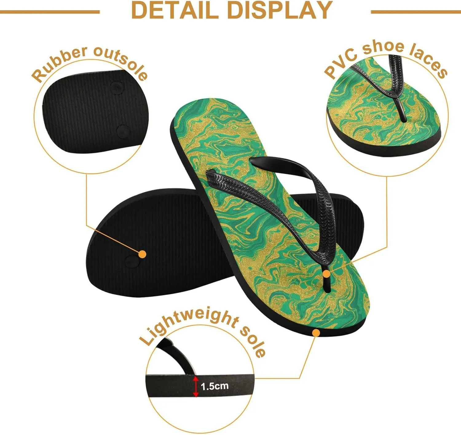 Sinestour Marble Texture Glitter Gold Flip Flops for Beach Thong Sandals Anti-slip Lightweight Flat Slippers for Summer Travel Swim
