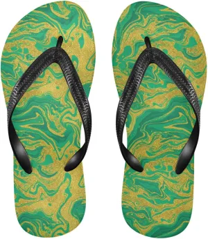 Sinestour Marble Texture Glitter Gold Flip Flops for Beach Thong Sandals Anti-slip Lightweight Flat Slippers for Summer Travel Swim